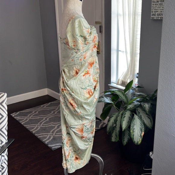 Pretty Little Things Sage Satin Floral Drape Bardot Dress - Picture 4 of 8